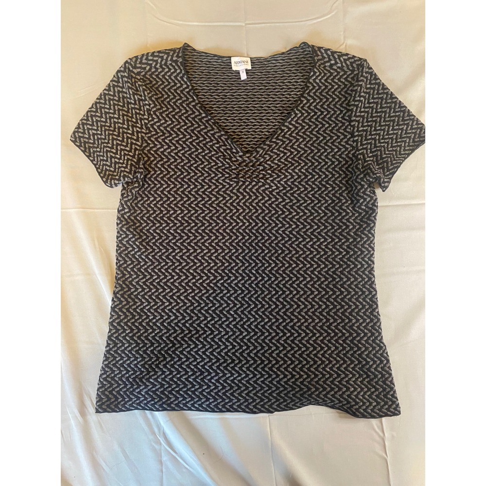 Armani Collezioni Top Women's 10 Black Grey Textured Chevron V-Neck